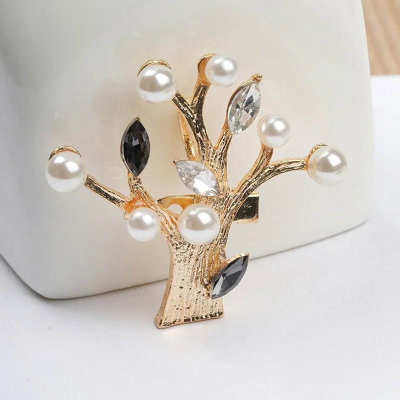 Fashion Gold Big Tree Brooches for Women Accessories Pearl Crystal Plants Enamel Pins Brooch Lapel Rhinestone Pin Jewelry
