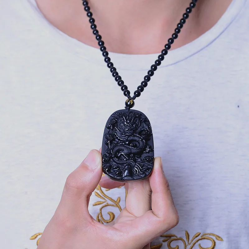 Soltar o colar de dragão de obsidiano preto jade jóias pingentes pingentes de sorte amuleto268o