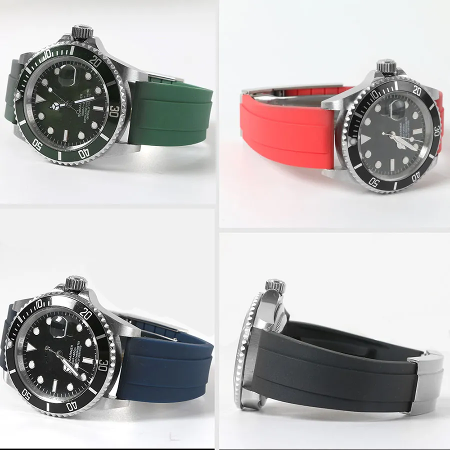 Gummi-Armband-Armband, Edelstahl-Faltschließe, Uhrenarmband für Oysterflex-Uhr, 20 mm, Schwarz, Blau, Rot, Weiß, Werkzeuge Wa205h