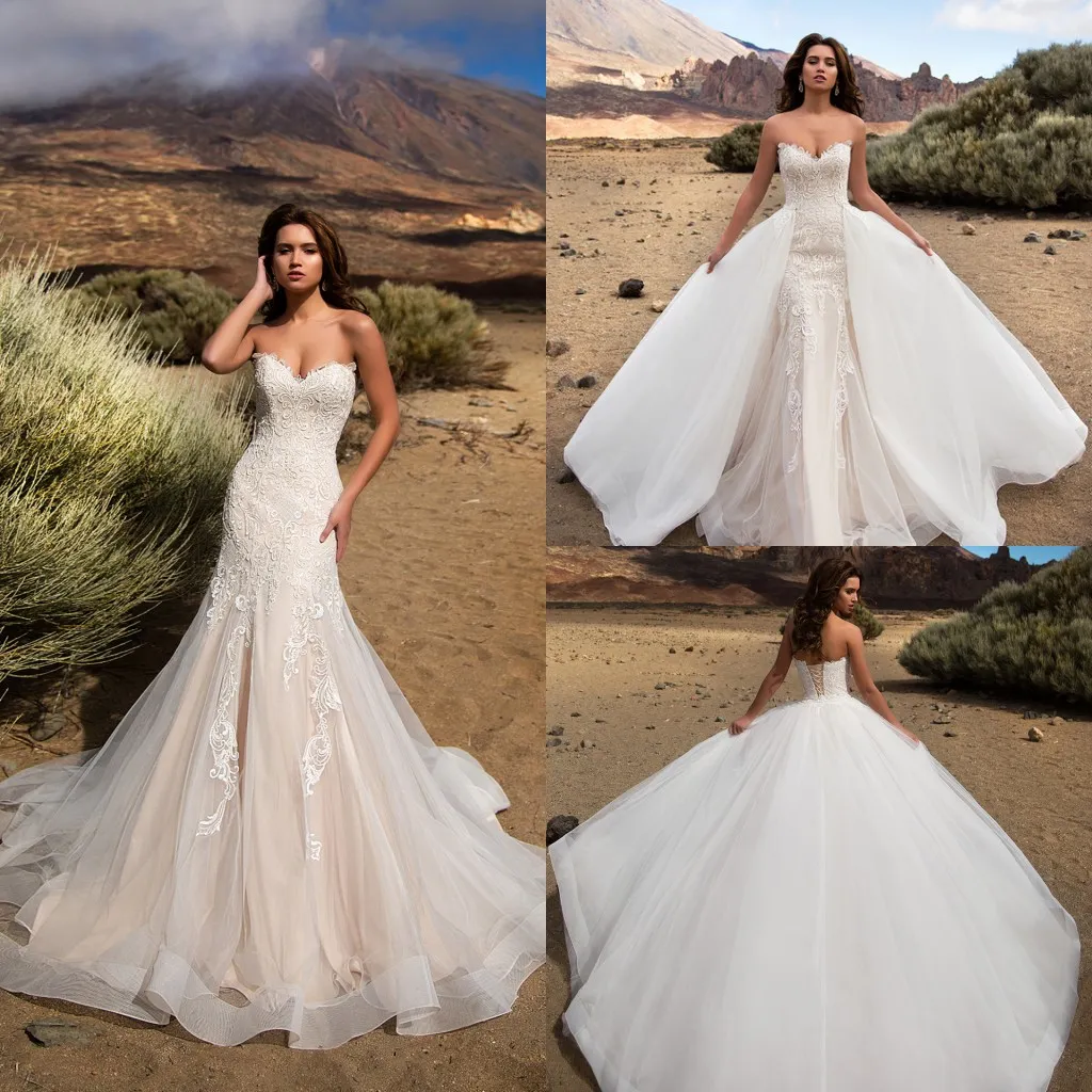 2022 Vintage Champagne Sweetheart Mermaid Lace Wedding Dresses With Overskirts Detachable Train Backless Beach PLus Size Bridal Gowns BA8382