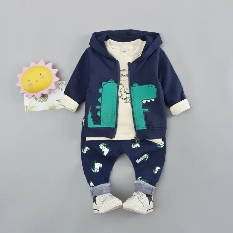 Moda autunnale Abbigliamento neonato Abbigliamento sportivo bambini Dinosauro 3 pezzi Cappotto con cappuccio a maniche lunghe ricamato Set di vestiti