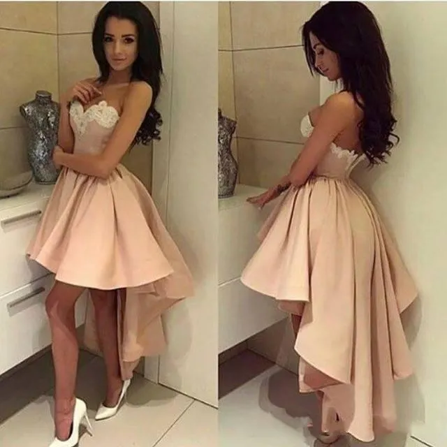 Arabic Dubai Sexy Hi-Lo Long Prom Dresses A Line Satin Lace Applique Sweetheart Pleats Formal Evening Wear Party Gowns Custom Made