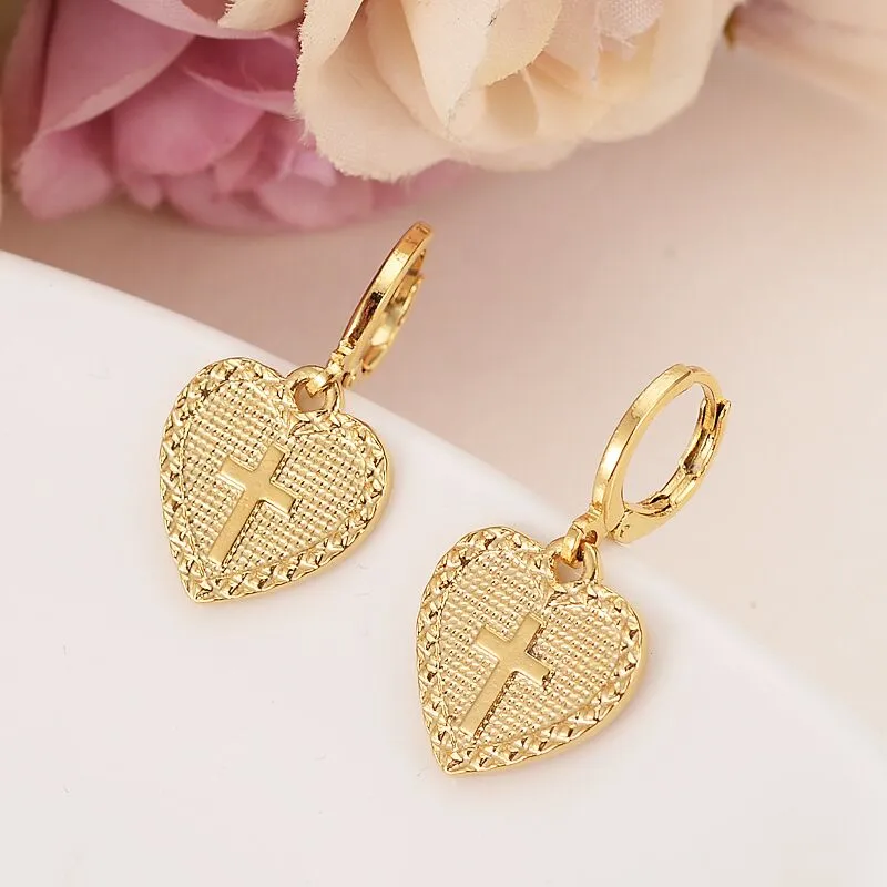 Set di gioielli con croce a forma di cuore Set di orecchini di collane classici in oro massiccio giallo 14 carati GF Africa Dote da sposa matrimonio3152