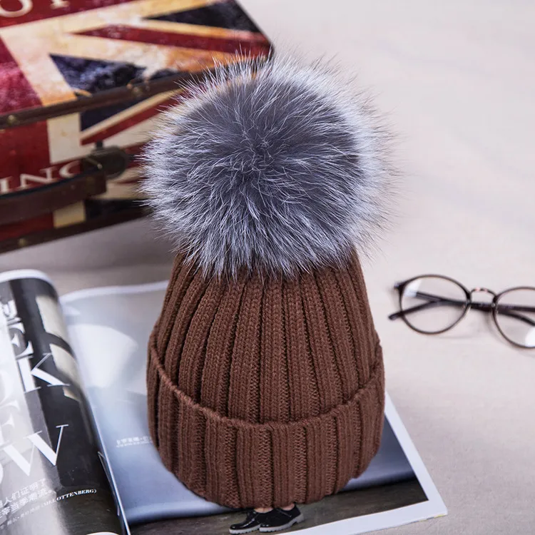 15 cm Real Fur Ball Cap Pom Poms Winter Hat For Women Girl's Wool Sticked Cotton Beanies Brand Thick Female273U