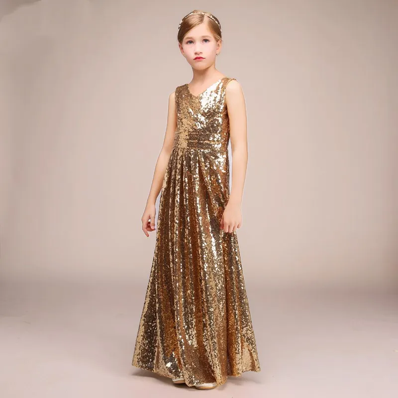 Gold Sequined Little Girls Pageant Desses 2018 Jewel Neck Custom Made Sparkling Kids Formal Wear Wedding Flower Girl Dresses