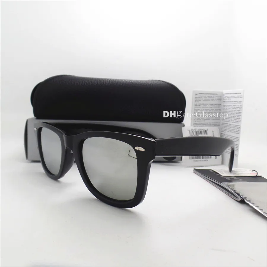 Top -Quality -Glaslinsen -Metallscharnier -Marke Designer Männer Frauen Planken Rahmen Sonnenbrillen UV400 52mm Vintage Shade Mercury Mirror Leder286e