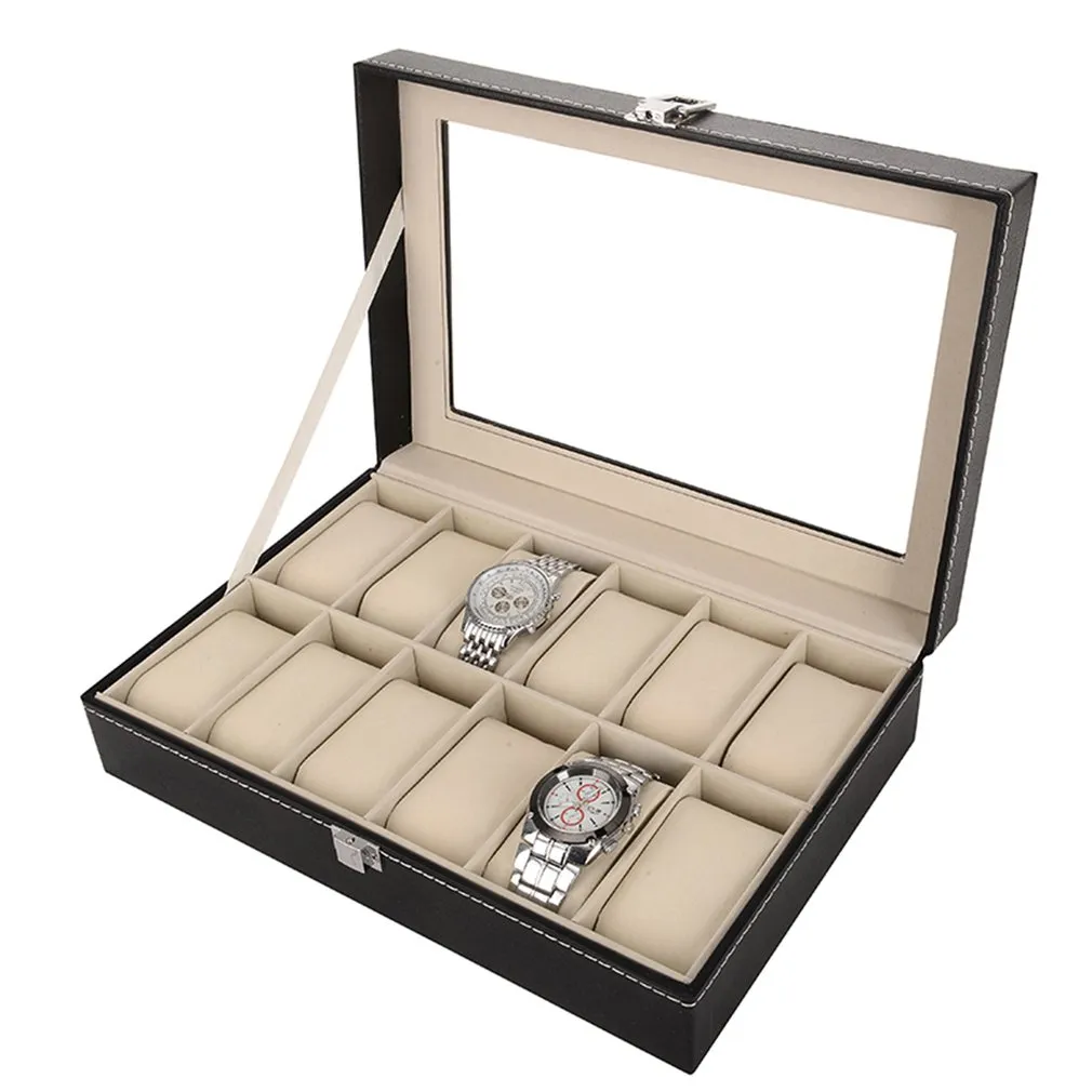 Caja de reloj con 10 y 12 ranuras, estuche de exposición Universal para relojes, enrollador de reloj superior de cristal, caja de almacenamiento de joyería, organizador de reloj de pulsera 309h