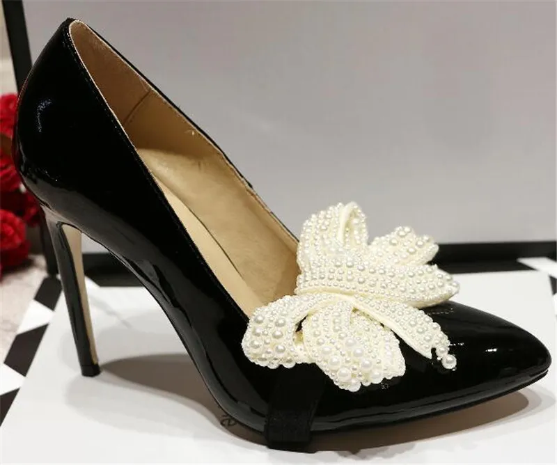 Fashion Brand Women Pointed Toe Black White Rhinestone Bowtie Thin Heel Pumps Crystal High Heels Wedding Dress Shoes