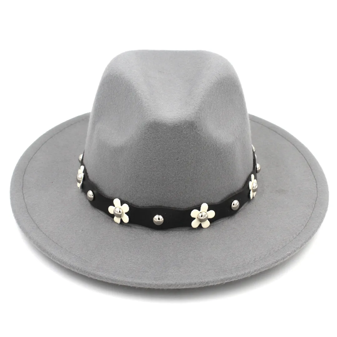 Mode unisexe laine mélangée Panama chapeau Fedora casquettes extérieur large bord Sombrero parrain casquette église chapeau bande de cuir avec fleur