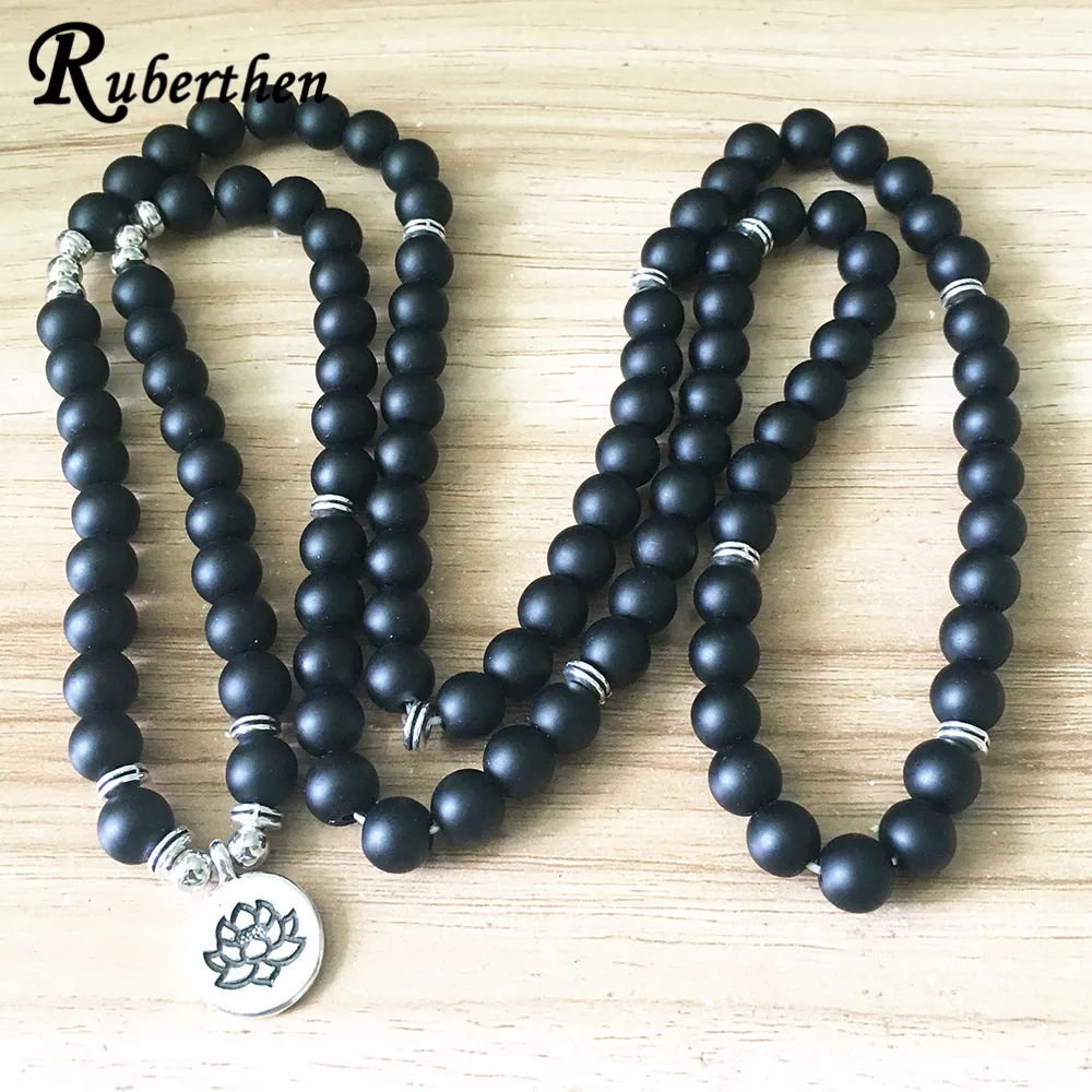 Sn1382 new design das mulheres matte black onyx 108 mala beads pulseira ou colar lotus charme yoga pulseira frete grátis
