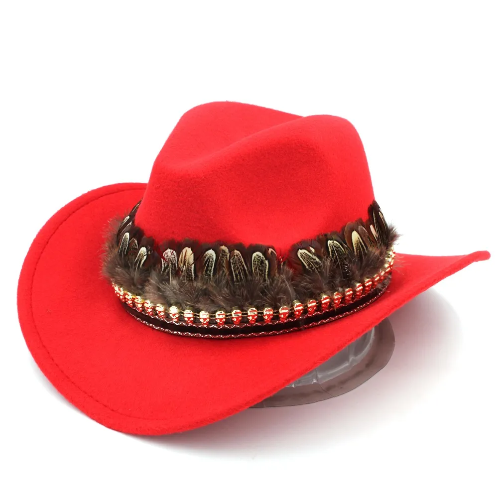 Men de mode Femmes laine Blend Western Cowboy Jazz Hat Wide Brim Sombrero Godfather Cap Caps Cowgirl Feather Band avec Skull1053941