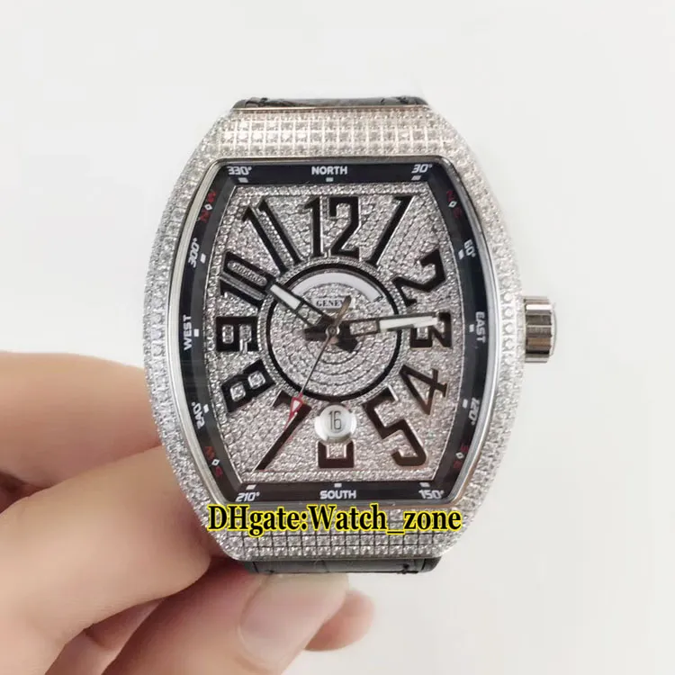 Neue HERRENKOLLEKTION Vanguard Date V 45 SC DT Automatik-Herrenuhr mit Diamant-Zifferblatt, Roségold, Diamantgehäuse, Leder- und Kautschukarmband W2384