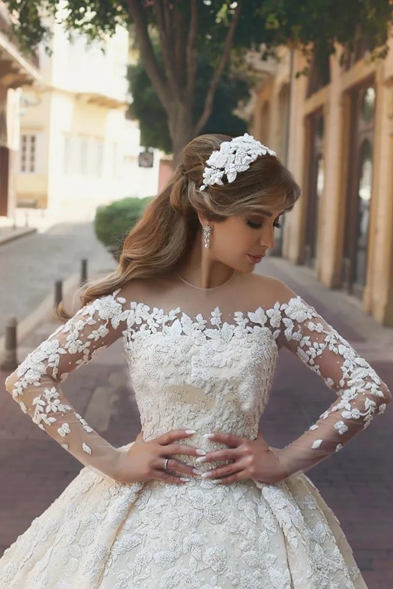 luxury full lace ball gown wedding dresses saudi arabia long sleeves church bridal gowns modest plus size wedding dress