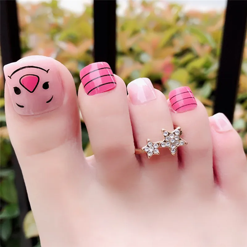 Artificial False Fake Nails Full Cover Toes Toenail lovely Light pink 24pcs Cartoon Expression Acrylic False Toes Art Tips