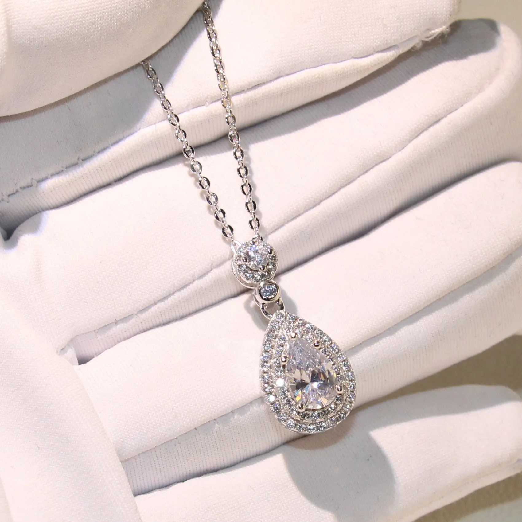 925 Sterling Silver Water Drop Necklace with Pear Shape Topaz CZ Diamond Pendant for Women
