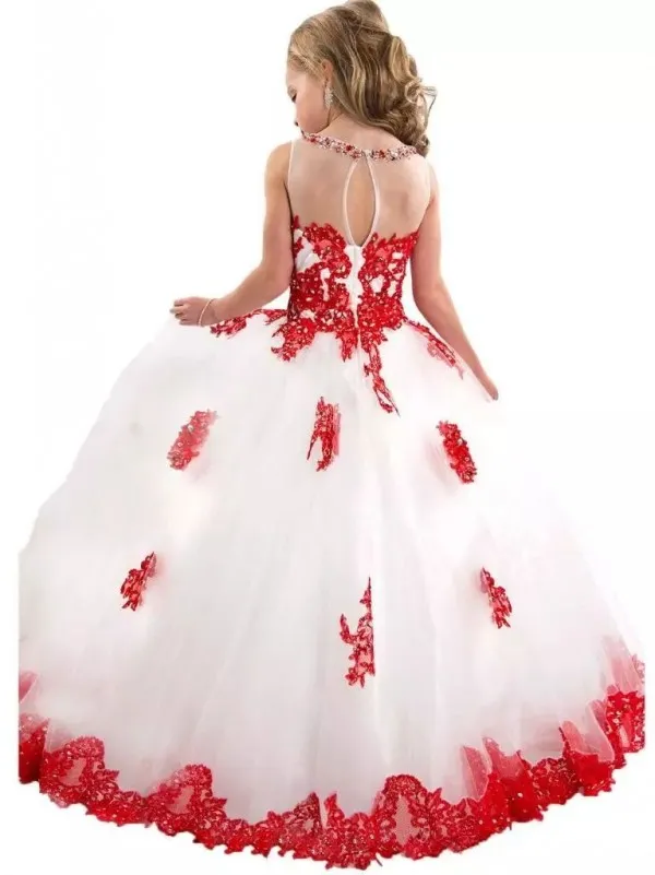 Princess Girls Pageant Robes de haute qualité Perles brillantes de cou brillant dentelle rouge et trémeuse en tulle blanc arrière petite robe de bal de balle pr240m