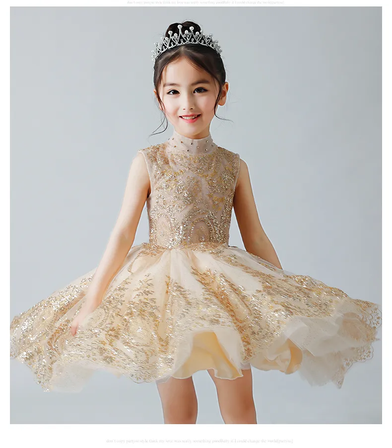 Sparkly Gold Sequined Flower Girls Dresses For Weddings Beaded Short Toddler Pageant Gowns High Neck Knee Length Tulle Kids Prom D270B