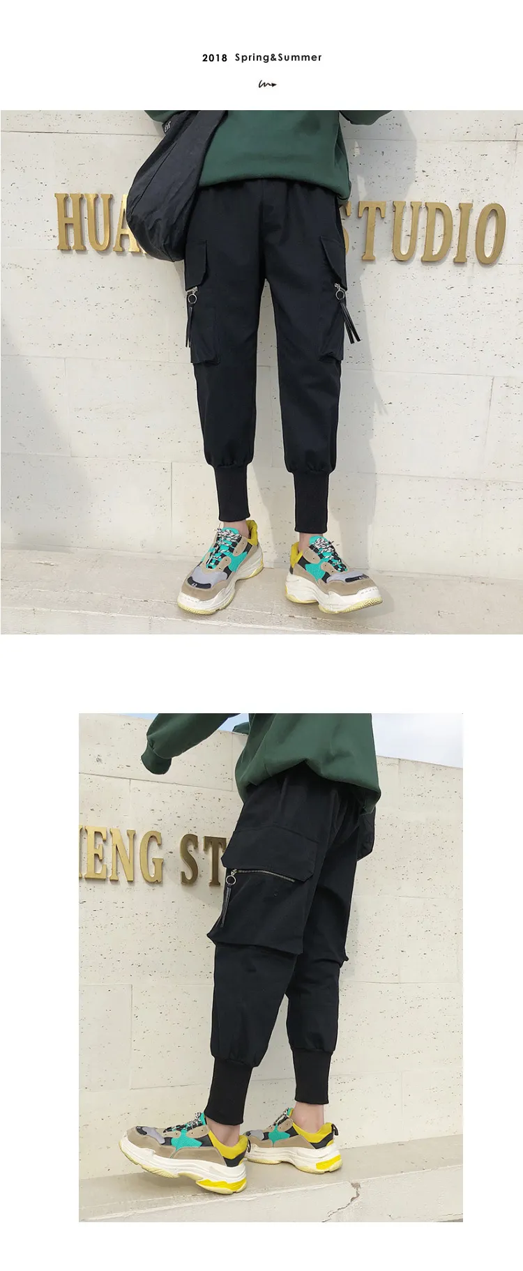 Kpop spring and autumn men's new loose zipper pocket feet harem Korean casual student wear sports pants tide C18111601