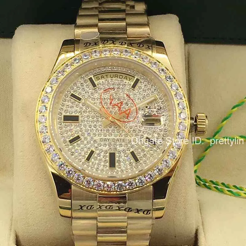Volledig nieuw horloge veegt soepel mechanisch automatisch uurwerk Diamanten gezicht grote stenen bezel Luxe herenhorloges256r