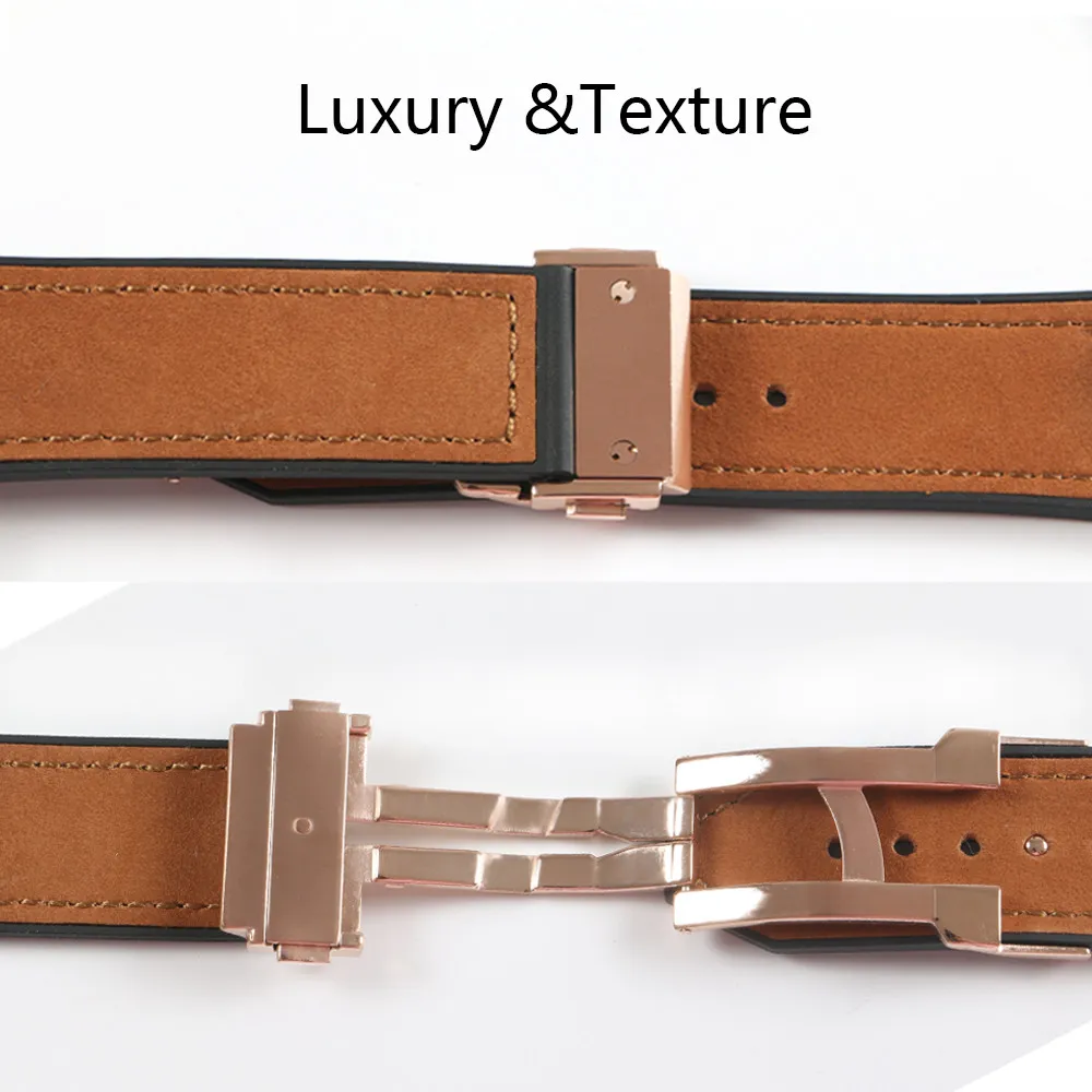 Bracelet de montre en cuir véritable, caoutchouc et Silicone, pour montre HUB, noir, bleu, marron, étanche, boucle de déploiement 25x19mm, 305d