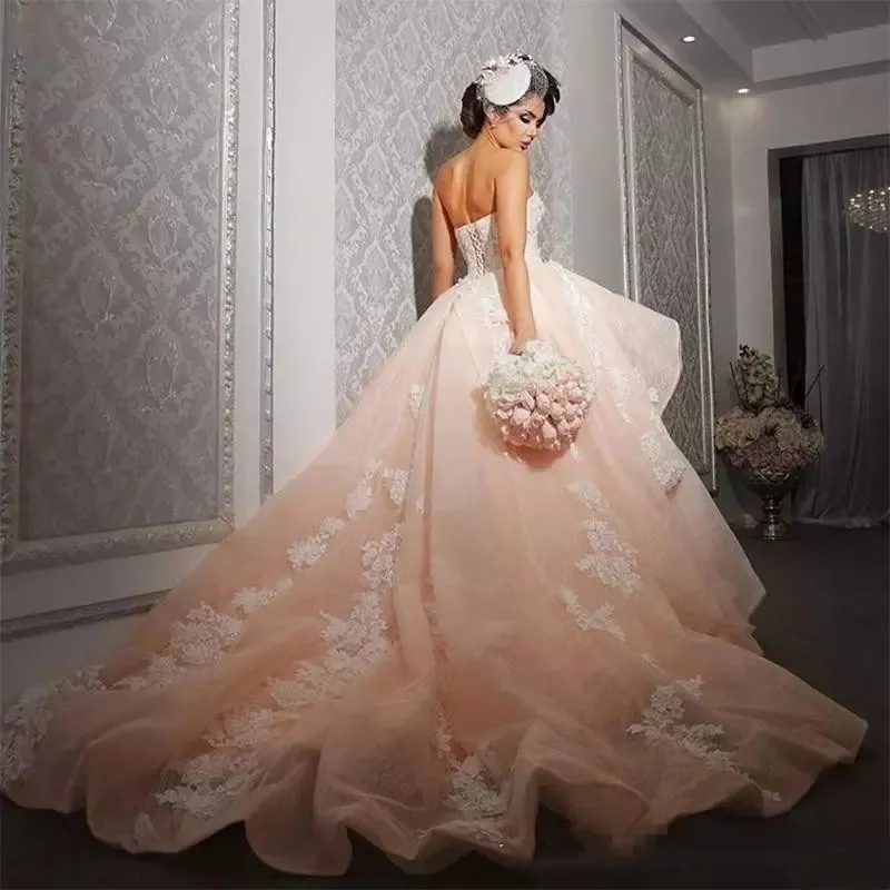 2018 Peach Pink Arabic Wedding Dress Plus Size Dubai Sweetheart Neck Lace Applique Ball Gown Wedding Dresses Robe De Mariage