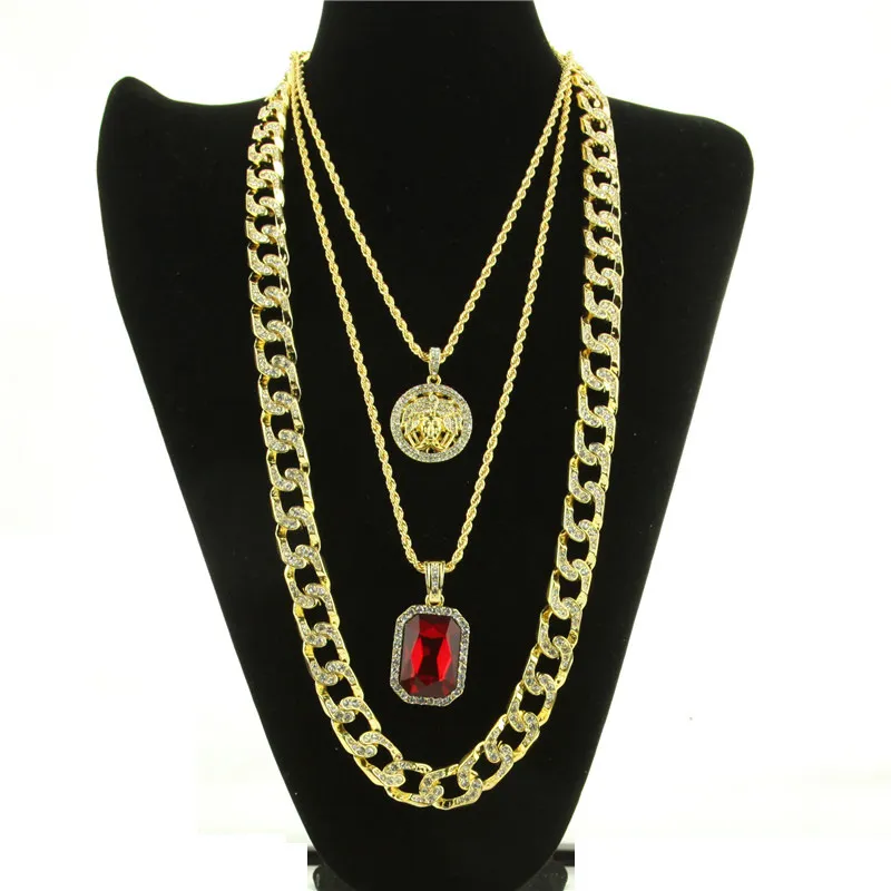 Mens Hip Hop Halsband Ruby Pendant Halsband Fashion Cuban Link Chain Jewelry 3st Set2404