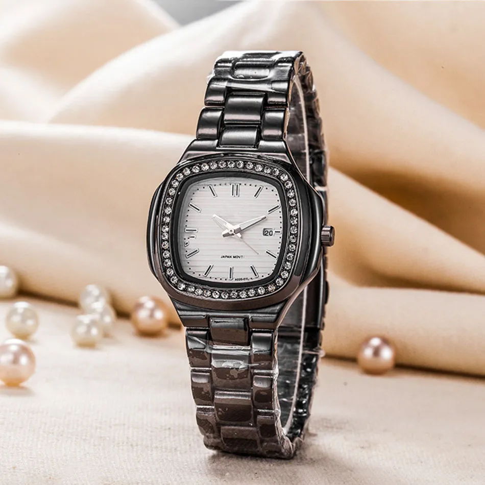 高品質の女性がドレスファッションウォッチローズゴールドステンレススチールブラックダイヤモンドダイヤモンド腕時計Quartz時計ギフト2902