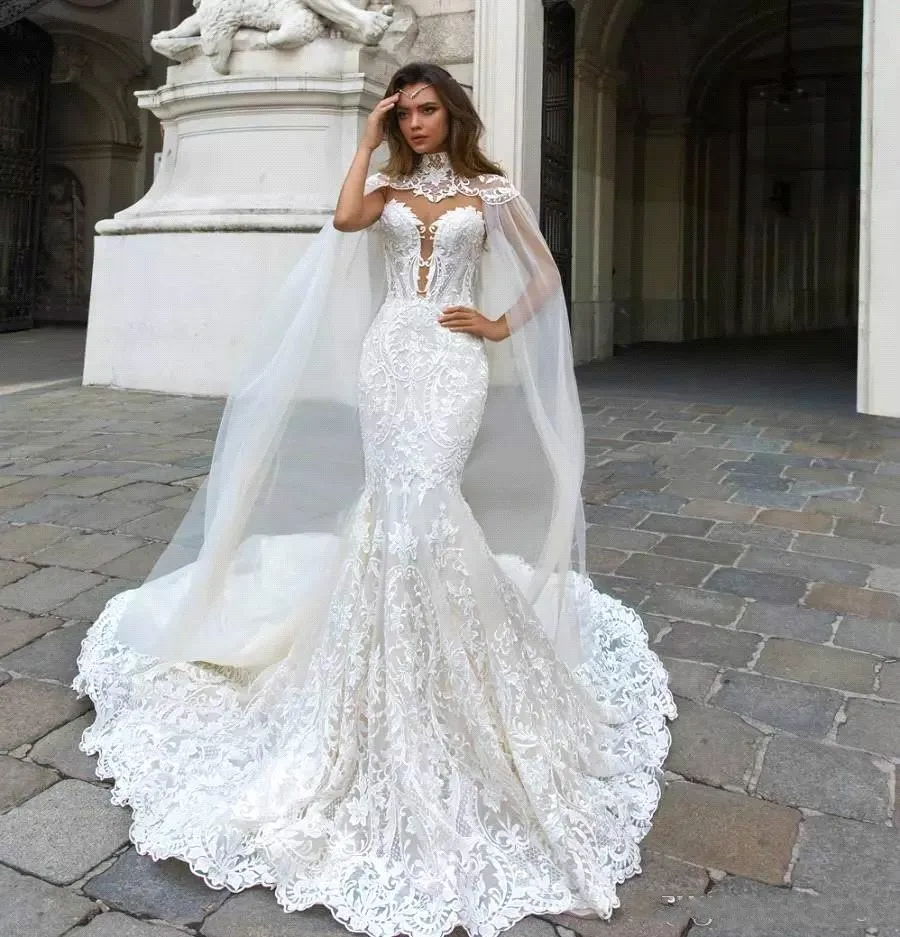 2022 Gorgeous High Neck Mermaid Wedding Dresses With Tulle Wraps Lace Appliques Long Bridal Gowns Court Train Button Back BA9313 w59