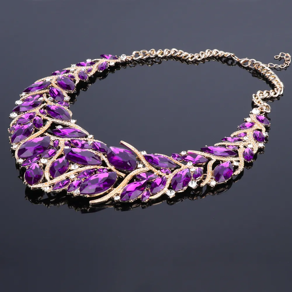 New Fashion Purple Rhinestones Crystal Statement Necklace Bridal Jewelry Sets Decoration Necklaces Jewellery Gifts for Women