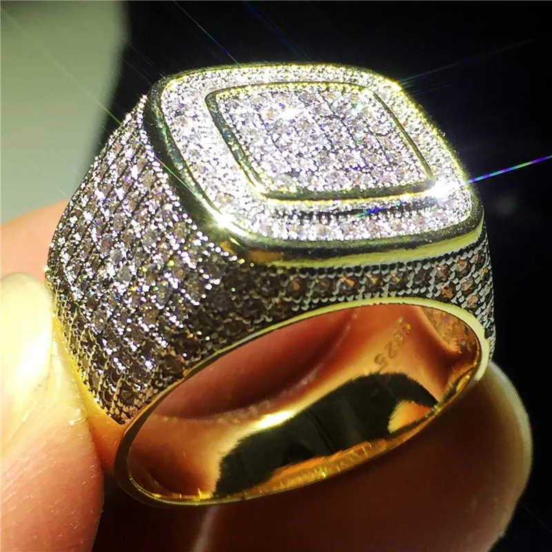 Bellissimo anello Hip Hop maschile Pave Impostazione 274 pezzi 5A Cz Anello in oro giallo riempito in argento 925 con fede nuziale uomo Gioielli feste288H