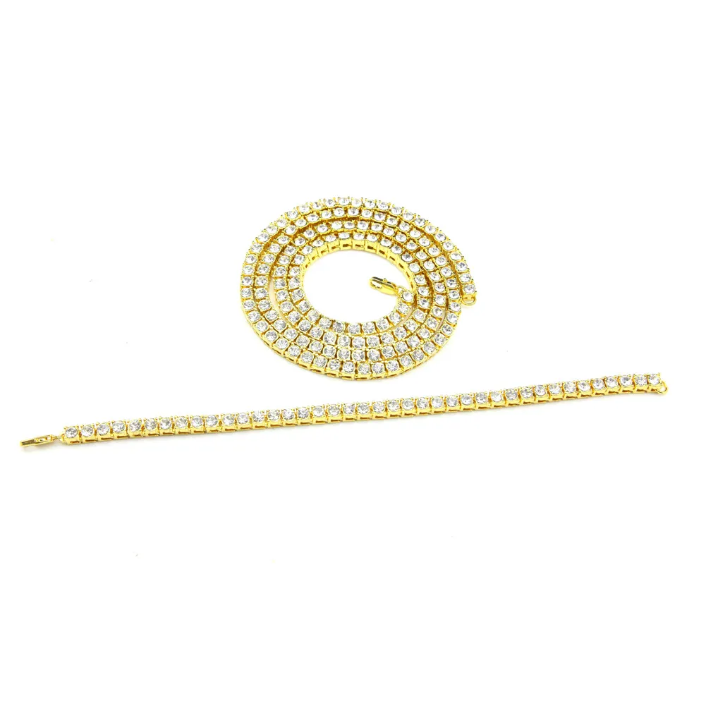 Ensemble de bijoux pour hommes, chaînes en strass glacés, 1 rangée, bracelet et collier en diamant transparent scintillant, Hi204F