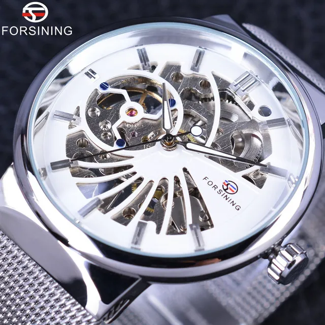 Forsining 2021 Fashion Casual Neutraal Ontwerp Zilver Staal Transparant Kast Skeleton Horloge Heren Horloge Topmerk Luxe Mechanisch w247w