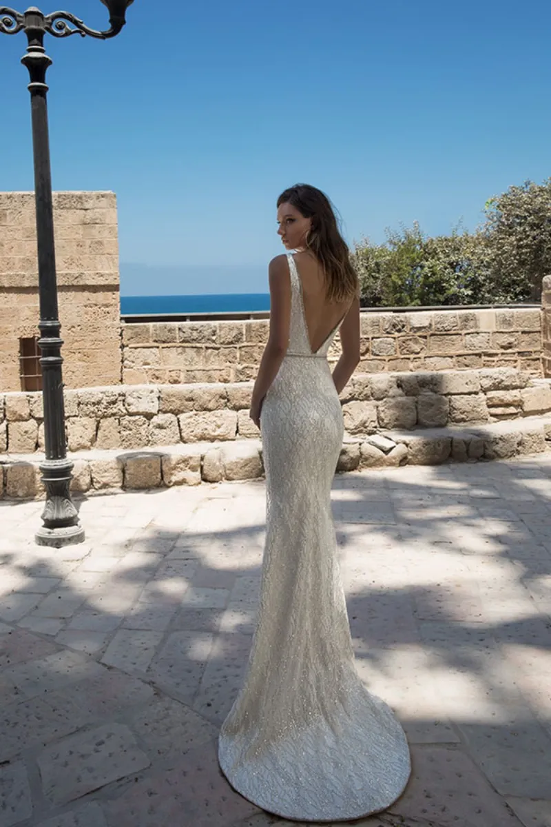 Julie Vino 2018 Mermaid Wedding Dresses Sexy Deep V Neck Sweep Train Bridal Gowns Sequins Backless Beach Wedding Dress