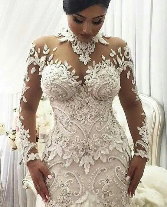 2020 Modern High Neck Wedding Dresses Sheer Long Sleeves Mermaid Applique Beads Plus Size Bridal Gowns Nigerian Wedding Dress