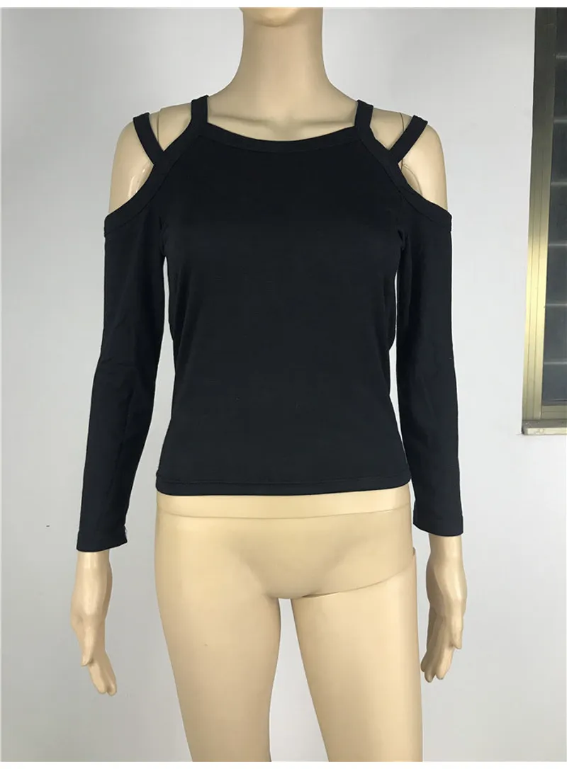 Mulheres sexy de malha de algodão longo manga magro fit t-shirt off off black shirt camiseta 2018 moda camisas feminina o-pescoço