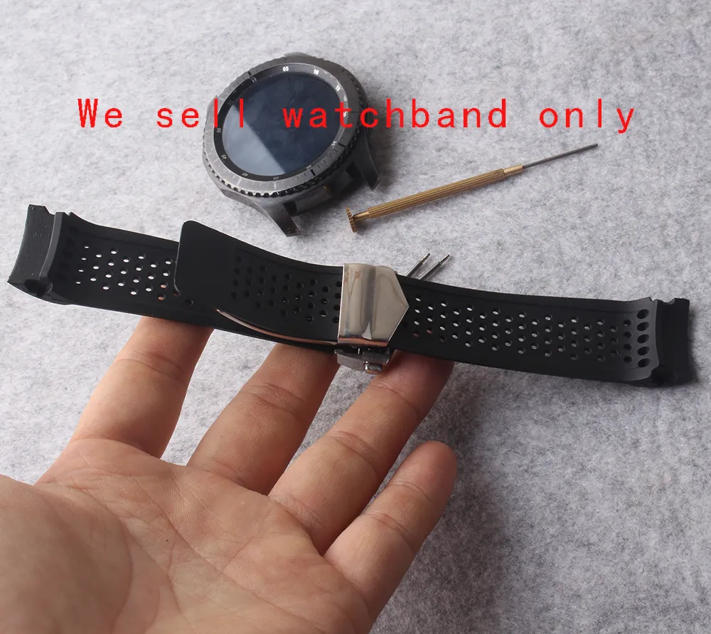 Ny Watchband Strap 22mm rostfritt stål distribution svart dykning silikon gummi hål klockband rem för växel S3 ersättning189k