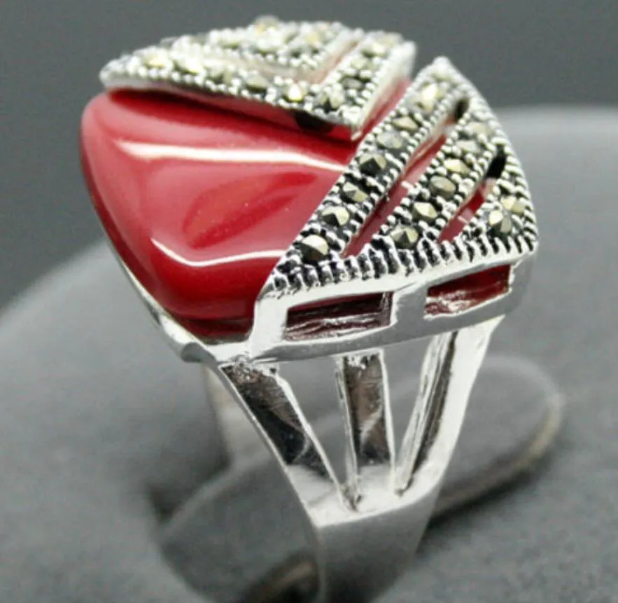 Noble Red Carved Lacquer Marcasite 925 Sterling Silver Square Ring#7-10 Earrings & Pandent jewelry sets3019