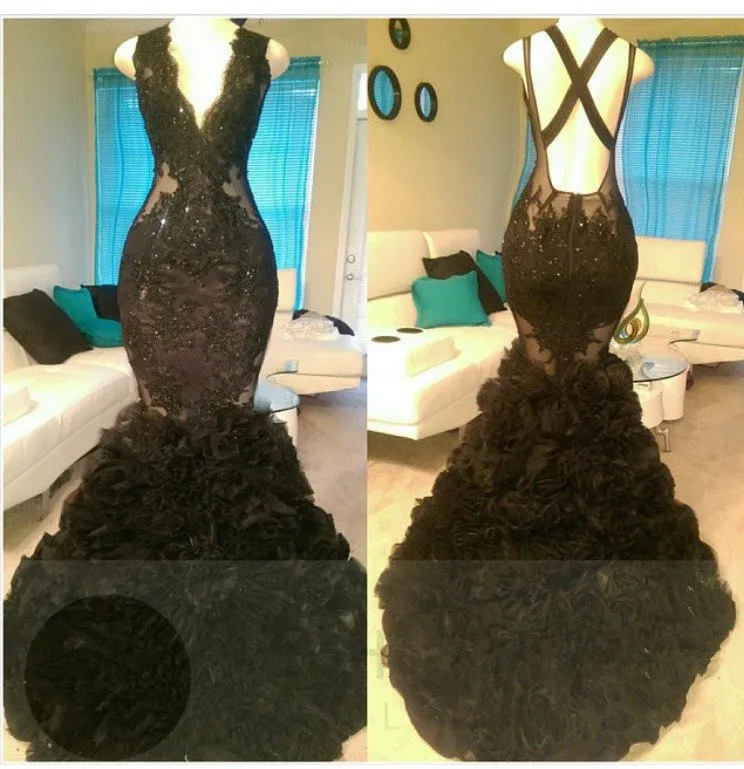 Black V Neck Lace Mermaid Prom Dresses Long Applique Beaded Tiered Layers Backless Formal Party Prom Evening Gowns