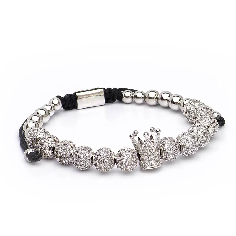 Men Jewellery slivery Crown Charm Bracelets Strands Jewelry 4mm Round Beads Braided Bracelet Female pulseira Zircon Gift Valentine234Q