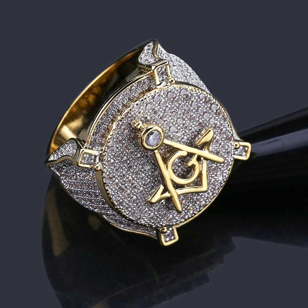 Hip Hop Masonic Ring All Iced Out High Quality Micro Pave CZ Rings Copper Gold Color Plated For Women Men279Q