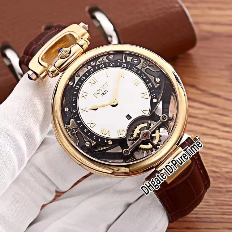 New Bovet Amadeo Fleurier 그랜드 합병증 Virtuoso Rose Gold Skeleton White Dial Mens Watch Brown Leather Strap Sports Watches295u