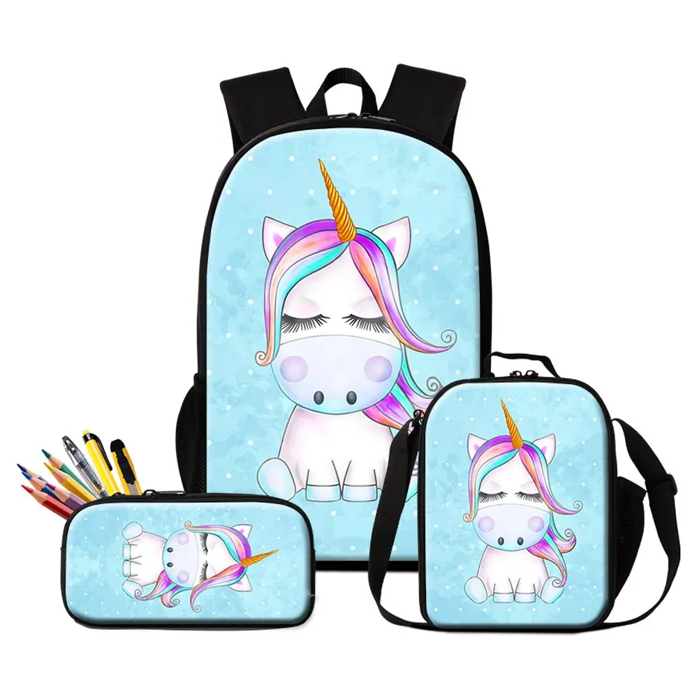 Personalizza i tuoi zaini con logo del design borse da pranzo a base di matita 3 pezzi studenti primari bambini adorabili unici di unicorno GIR2691