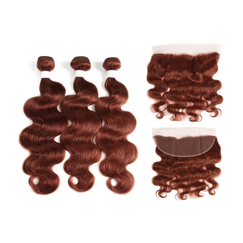 #33 Dark Auburn Virgin Brazilian Human Hair Bundles Deals with Frontal Body Wave Reddish Brown Human Hair Weaves with 13x4 Full Lace Frontal