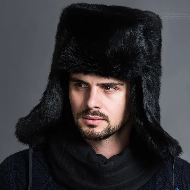 Naiveroo mode russe masculin hivernal chaud de fourrure de fourrure chaude de fourrure noire massif épaississe-oreille casquettes leifeng chapeaux de neige oreille 3156