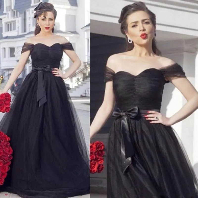 Balck Shoulder 2018 Off Evening Dresses Short Capped Sleeves A-line Tiered Red Carpet Back Lace-up Custom Formal Gowns with Sashes