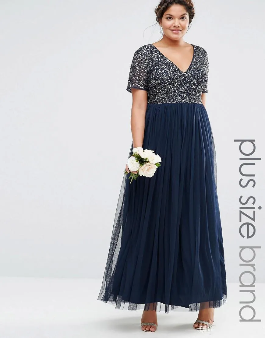 sequins plus size formal prom dresses v neck short sleeve ankle length evening gowns dark navy party dress