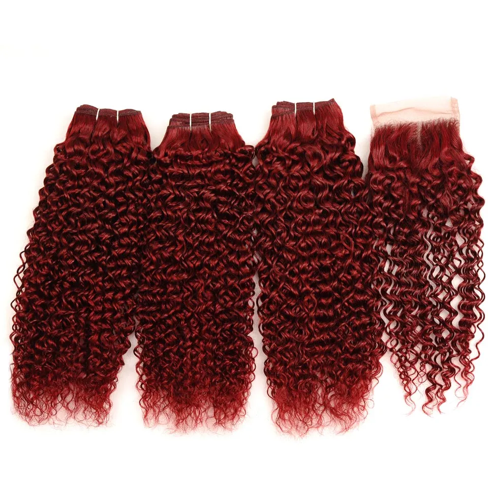 Kinky Curly #99J Brazilian Wine Red Human Hair Weaves 3 Bundle Deals with Lace Front Closure 4x4 Curly Virgin Burgundy Human Hair Bundles