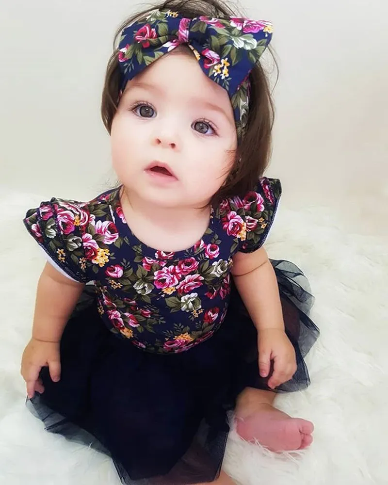 Baby Clothes 2018 Newest Baby Girls Dress Fashion Flowers Printed Gauze Dress+Headband Newborn Kids Girls Exquisite Princess Dresses