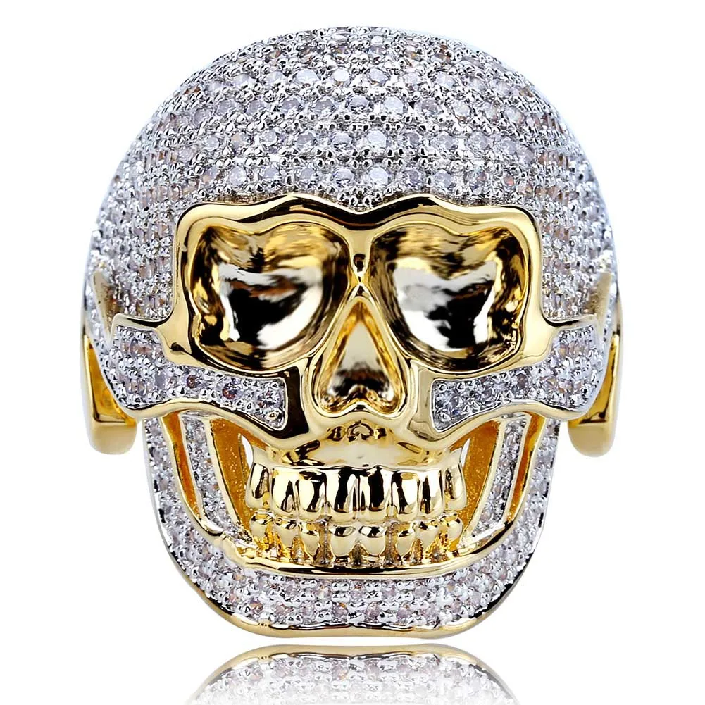 Hip Hop Copper Two Tone Skull Ring Iced Out Micro Paved Cubic Zircon Punk Fahion Ring for Men Women2622