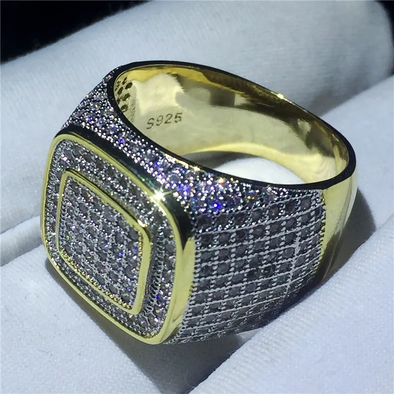 Stilig manlig hiphop ring pave inställning 274 st 5a cz gult guld fylld 925 silver bröllop band ring för män fest smycken272p